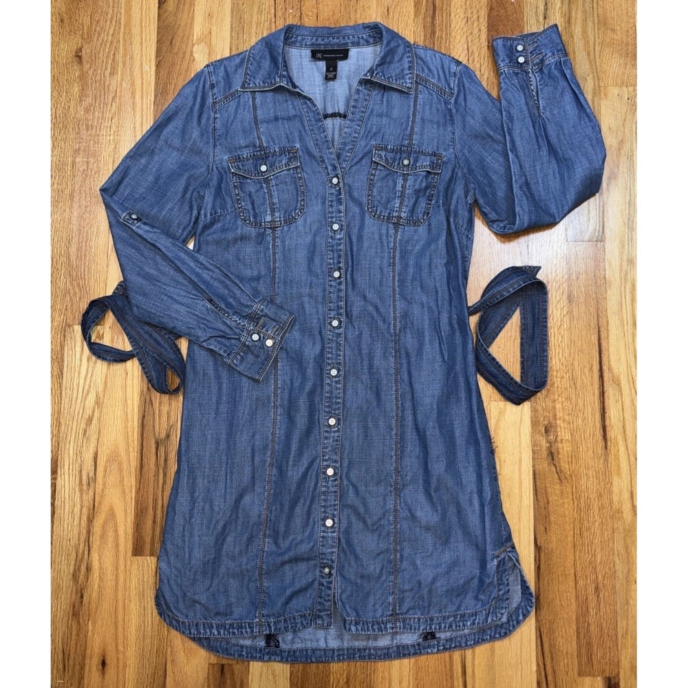 INC Denim Dress 6 Western Cowgirl W/Tie Belt L-sleeve Button Front Indigo Boho - Picture 5 of 11